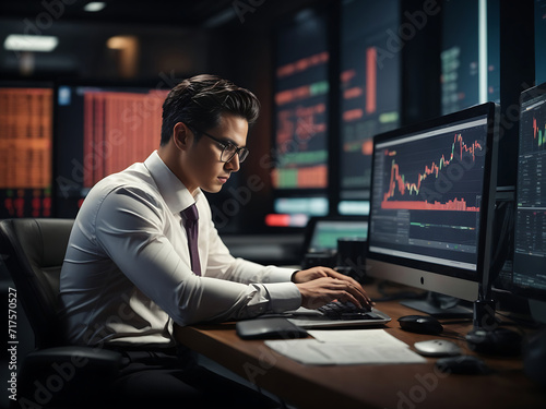 An analyst uses a computer and dashboard for a data business analysis system with KPIs and metrics connected to the database design.