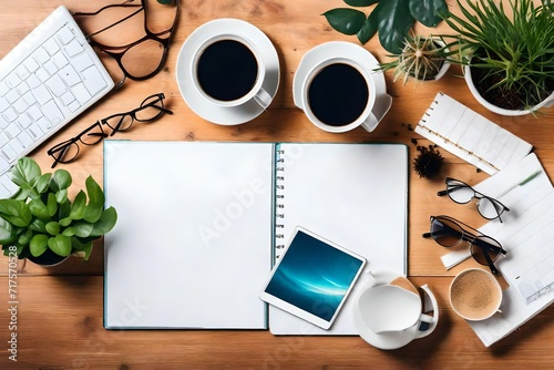 Compose a visually appealing flat lay scene with a cute cat  open white notebook  coffee cup  plant  and eyeglasses on the desk 