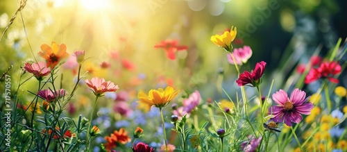 How beautifully the red pink misty kheri white and yellow flowers are blooming it looks amazingly beautiful full of green nature around open sky shining sun around. Copy space image © Gular