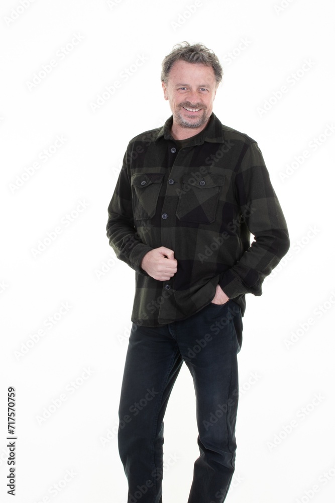 Cheerful man middle age in comfort check shirt cotton isolated over white background Cheerful man middle age in comfort check shirt cotton isolated over white background