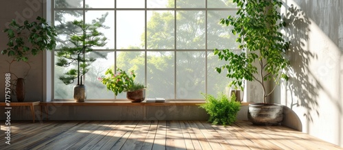 Grey living room office monitor chair vase of green plant in front of the window garden view. Copy space image. Place for adding text or design