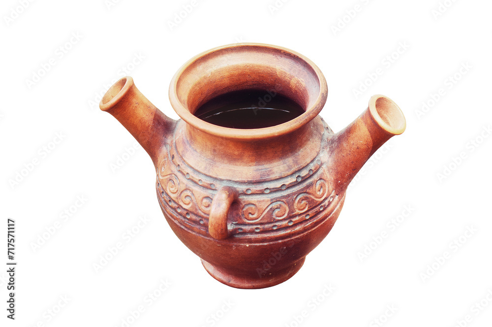 A jug for cooling hot metal products of the blacksmith after forging, isolated on a white background. Clay vessel with two nozzles