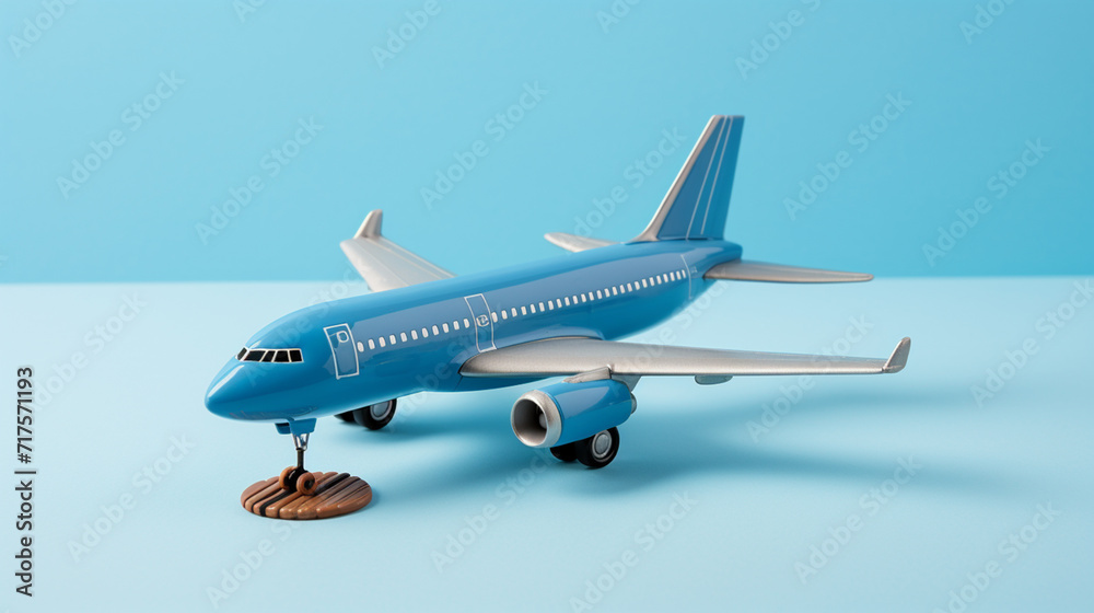 portrayal of a small airplane figurine and a compact umbrella on a plain blue surface. Generative AI.