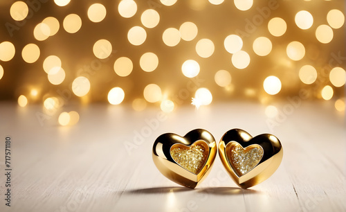 Two small gold heart on a sparkling white background, Valentine's Day, Christmas. Generative AI