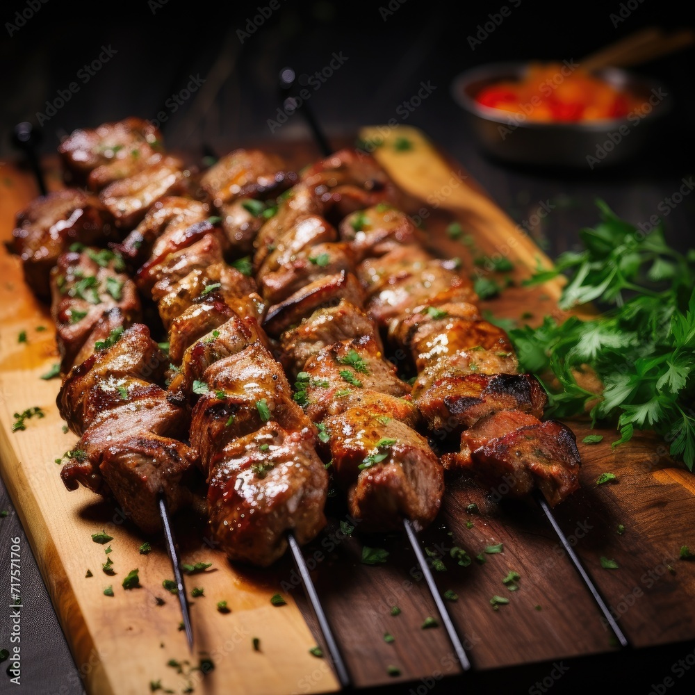 Skewers with delicious shish kebabs on grey textured table, closeup