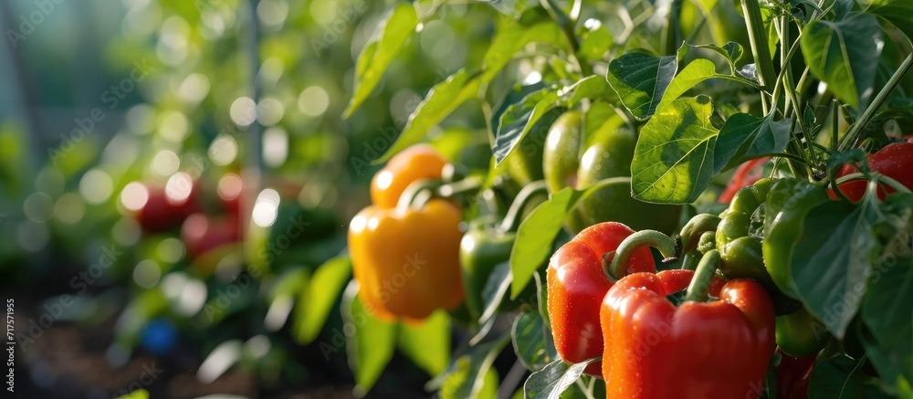 Fototapeta premium Growing sweet peppers in a greenhouse close up Fresh juicy red and yellow peppers on the branches close up Agriculture large crop of round pepper. Copy space image. Place for adding text or design