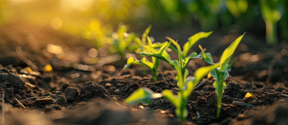 Growing Young Green Corn Seedling Sprouts in Cultivated Agricultural Farm Field Selective Focus with Shallow Depth of Field. Copy space image. Place for adding text or design Growing Young Green Corn Seedling Sprouts in Cultivated Agricultural Farm Field Selective Focus with Shallow Depth of Field. Copy space image. Place for adding text or design