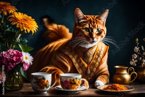 Create a whimsical portrait featuring a beautiful ginger cat in an Asian-style costume, complete with flowers on her head. 