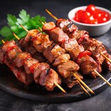 Skewers with delicious shish kebabs on grey textured table, closeup