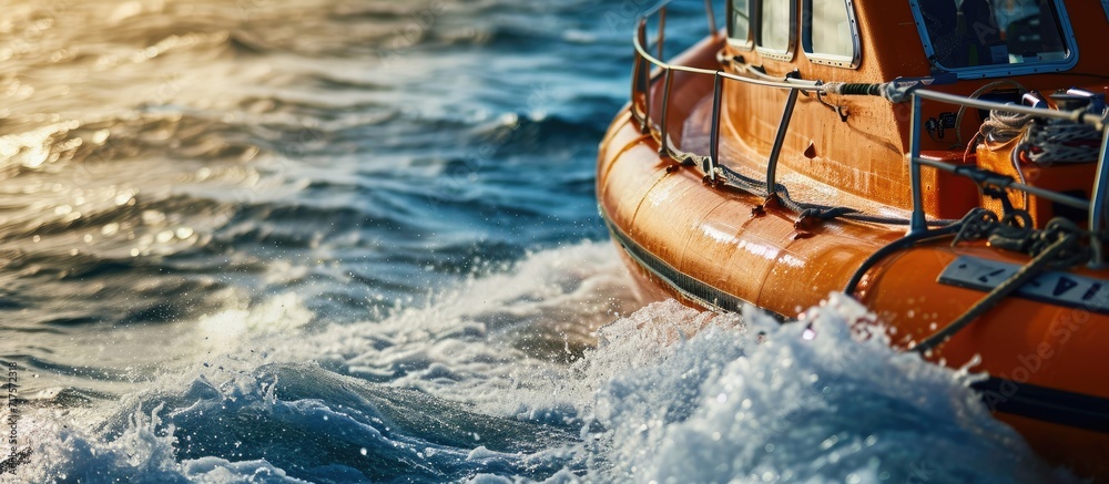Obraz premium Lowering orange totally enclosed lifeboat to water Abandon ship drill Lifeboat training Man over board drill. Copy space image. Place for adding text or design