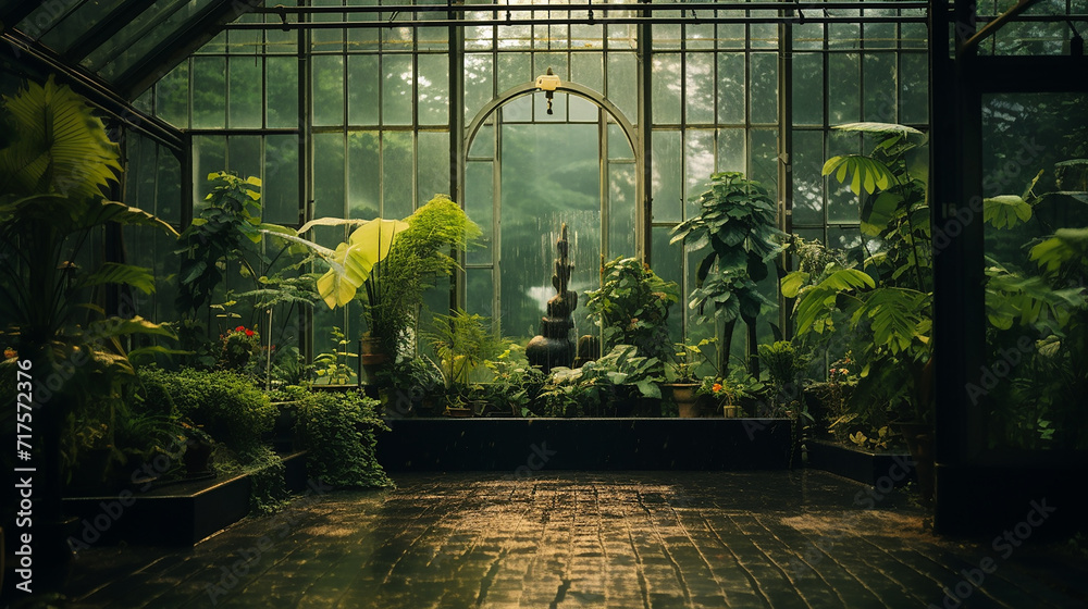 glasshouse in a botanical garden surrounded by lush - obrazy, fototapety, plakaty 