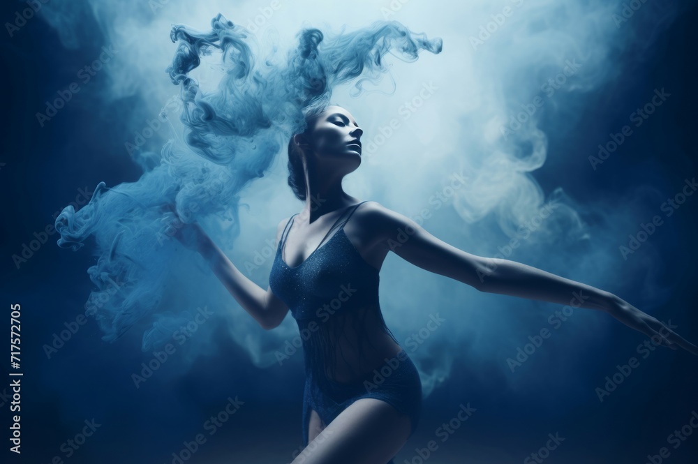 Female dancer choreography with blue cloudy dust. Movement art dance presentation in misty twirl. Generate ai