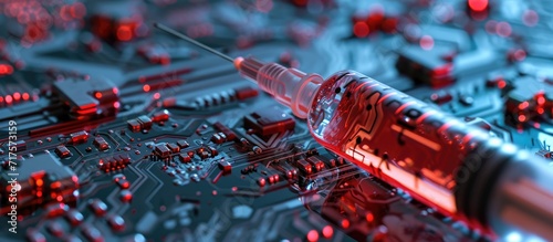 Neural network technology and artificial intelligence implantation microprocessor CPU with contact legs lies on silicone printed circuit board with syringe and needle and glass ampoule red medi photo