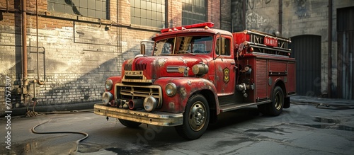Front view of an old fire truck in front of a fire station. Copy space image. Place for adding text or design photo