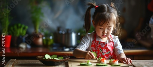 little girl in an apron prepares sushi laying cucumbers. Copy space image. Place for adding text or design