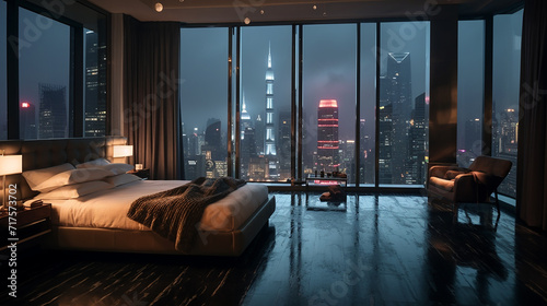 luxury hotel room with city view watching rainfall. photo