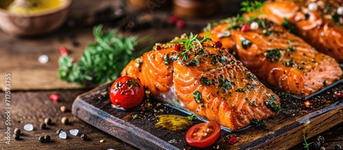 Grilled salmon fillets with salt pepper and herb decoration. Copy space image. Place for adding text or design