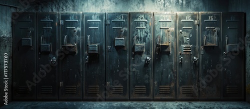 Locker room in an old coal mine Lockers are numbered for each miner woking. Copy space image. Place for adding text or design photo