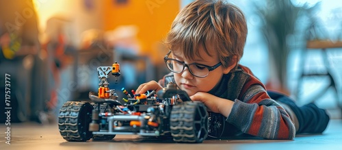 One kid choose parts of robotic electric toys for his age of four to build robots at robotics school lesson. Copy space image. Place for adding text or design photo