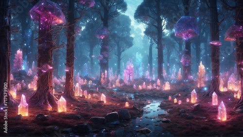 Fotografie, Tablou A mystical forest where the trees are made of glowing crypto crystals, each one pulsing with its own unique energy