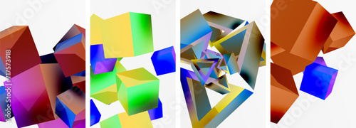 Flying 3d shapes, cubes and other geometric elements background design for wallpaper, business card, cover, poster, banner, brochure, header, website