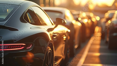black cars parked in a parking lot near sunset or sunrise, in the style of close-up intensity, light silver and light gold,