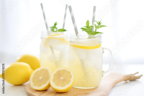 refreshing lemonade in mason jars with straws and lemons