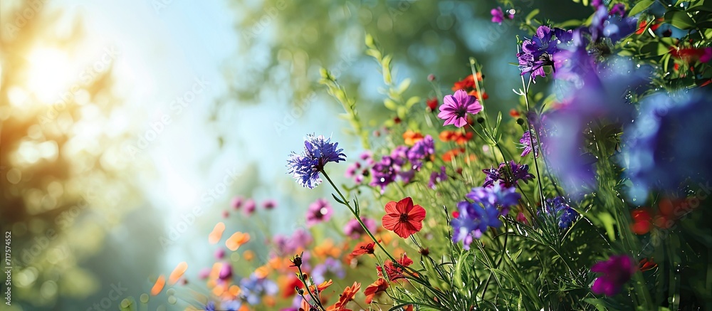 How beautifully the flowers of purple and blue red misty color are blooming it looks very beautiful the open sky is full of green nature around and the sun is shining around. Copy space image