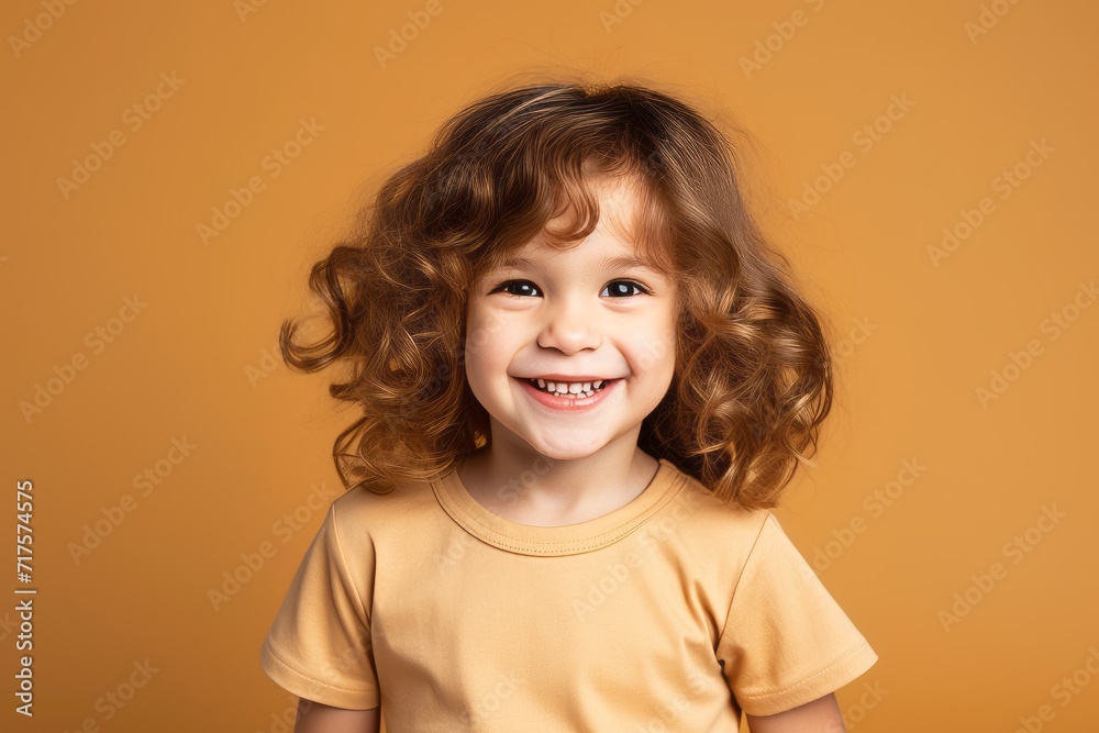 Portrait of happy little girl with curly hair over orange background. Portrait of happy little girl with curly hair over orange background.