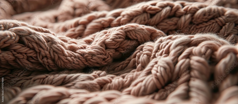 Merino wool handmade knitted large blanket super chunky yarn trendy concept Close up of knitted blanket merino wool background. Copy space image. Place for adding text or design