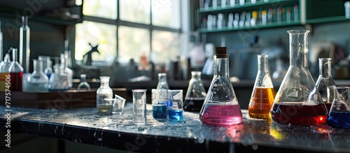 High school students studying in chemistry laboratory experiment class. Copy space image. Place for adding text or design