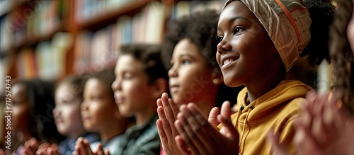 Multiethnic group of kids sitting on floor near teacher and applauding Diverse schoolchildren having lesson in school library and clapping hands thanking teacher. Copy space image photo
