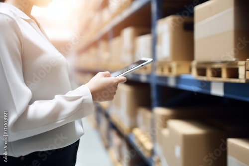 woman with tablet in hand at warehouse