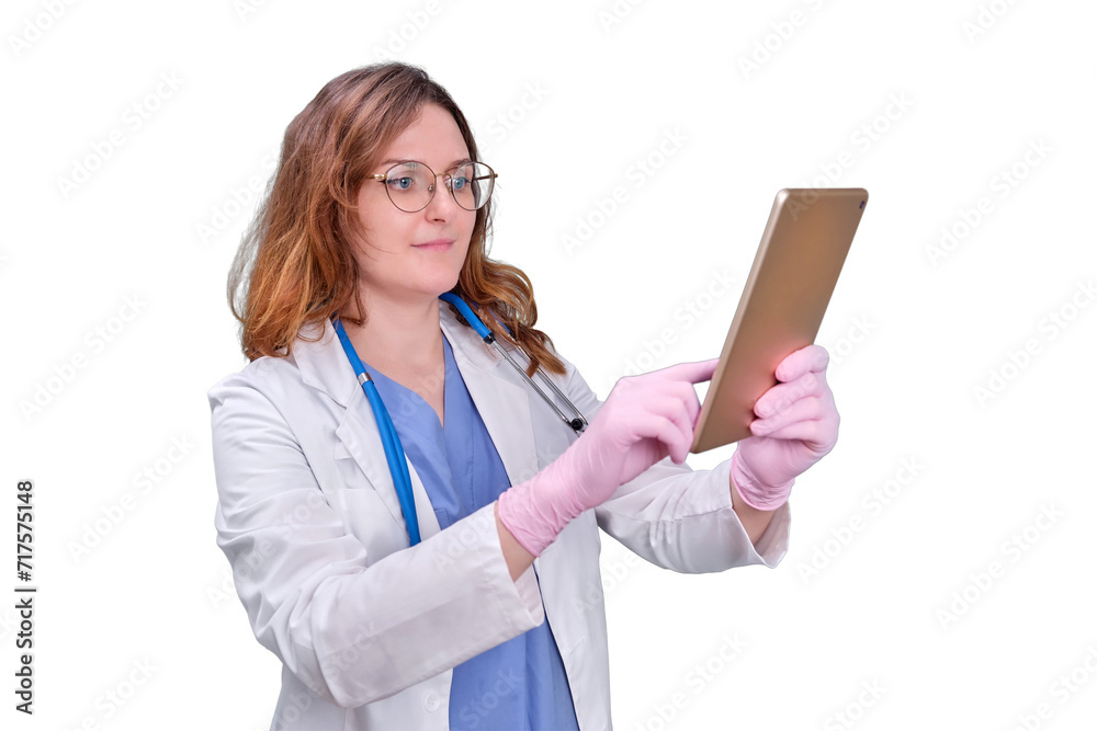 Woman doctor with digital tablet in white uniform, isolated on a white background. Woman doctor with digital tablet in white uniform, isolated on a white background.
