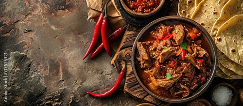 Pancita Also known as Menudo or Mondongo it is a typical dish from Mexico and other countries it is prepared with beef tripe and dried chilies accompanied by corn tortillas. Copy space image photo