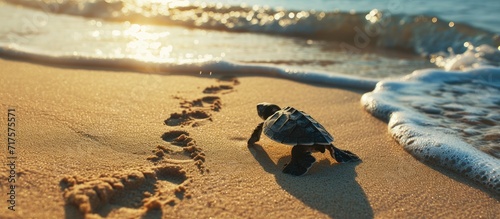 Little Sea Turtle Cub Crawls along the Sandy shore in the direction of the ocean to Survive Hatched New Life Saves Way to life Tropical Seychelles footprints in the sand forward to a new life photo