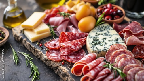 Cheese board with blue cheese, smoked sausages and meat gourmet products