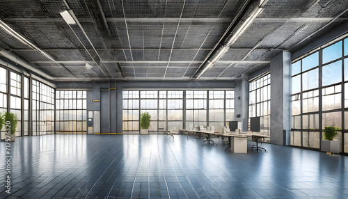 Empty Postindustiral Office Hall - panoramic 3d Visualization. Generative AI.