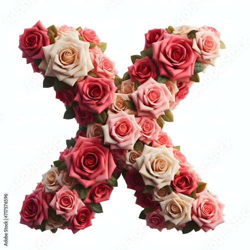 The letter X is made out of rose flowers  the Rose Alphabet  and Valentine Designs  on a White background  isolated on white  photorealistic 