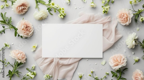 Background white top view up photo floral day flower mock wedding bridal invite. White banner card background shower above bride blank top date template save border design mockup product party empty  photo