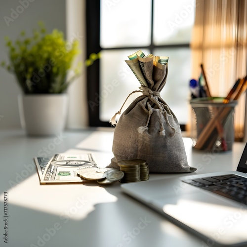 money in the window, Cinematic photograph of bag of money on white desk photo