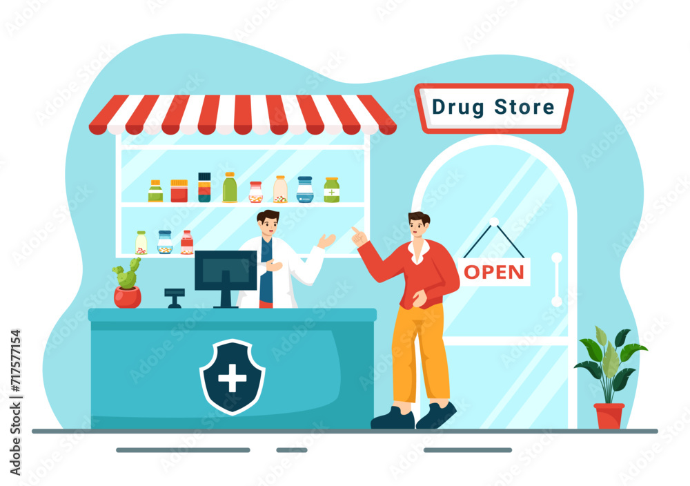 Drug Store Vector Illustration with Shop for the Sale of Drugs, a Pharmacist, Medicine, Capsules and Bottle in Healthcare Flat Cartoon Background