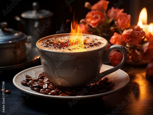 Cup of coffee a steam rising from the rim photo