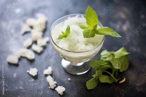 closeup of icy margarita glass with fresh mint leaves