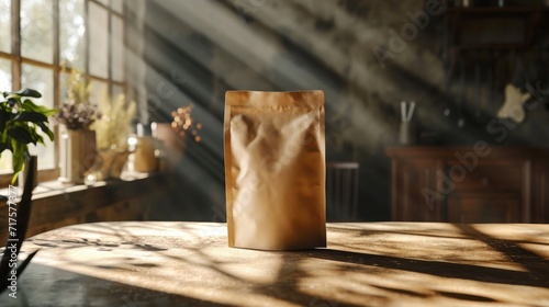 blank coffee bag mockup on table with cinematic light effect, coffee bag mockup 