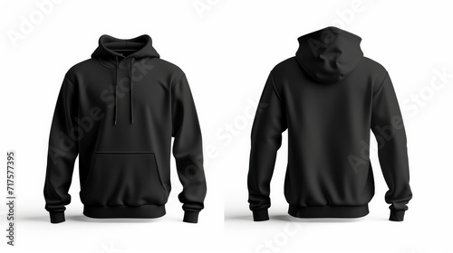 Blank black male hoodie sweatshirt long sleeve with clipping path, mens hoody with hood for your design mockup for print, isolated on white background. Template sport winter clothes    photo