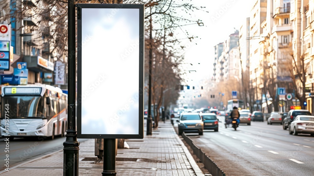 Blank mock up of vertical street poster billboard on city background.   - obrazy, fototapety, plakaty 