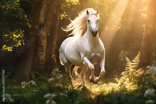 Ein weißes Pferd rennt bei Sonnenuntergang durch den Wald © Herzog