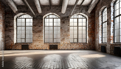 Empty, loft industrial grunge interior. Old brick walls and big windows. Interior concept. Generative AI.