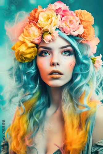 Rainbow haired girl with long hair and flowers © Алина Бузунова